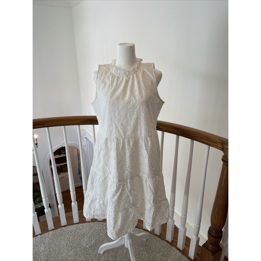 LOFT Womens White Cottagecore Eyelet Lace Dress S Grannycore Coastal Chic